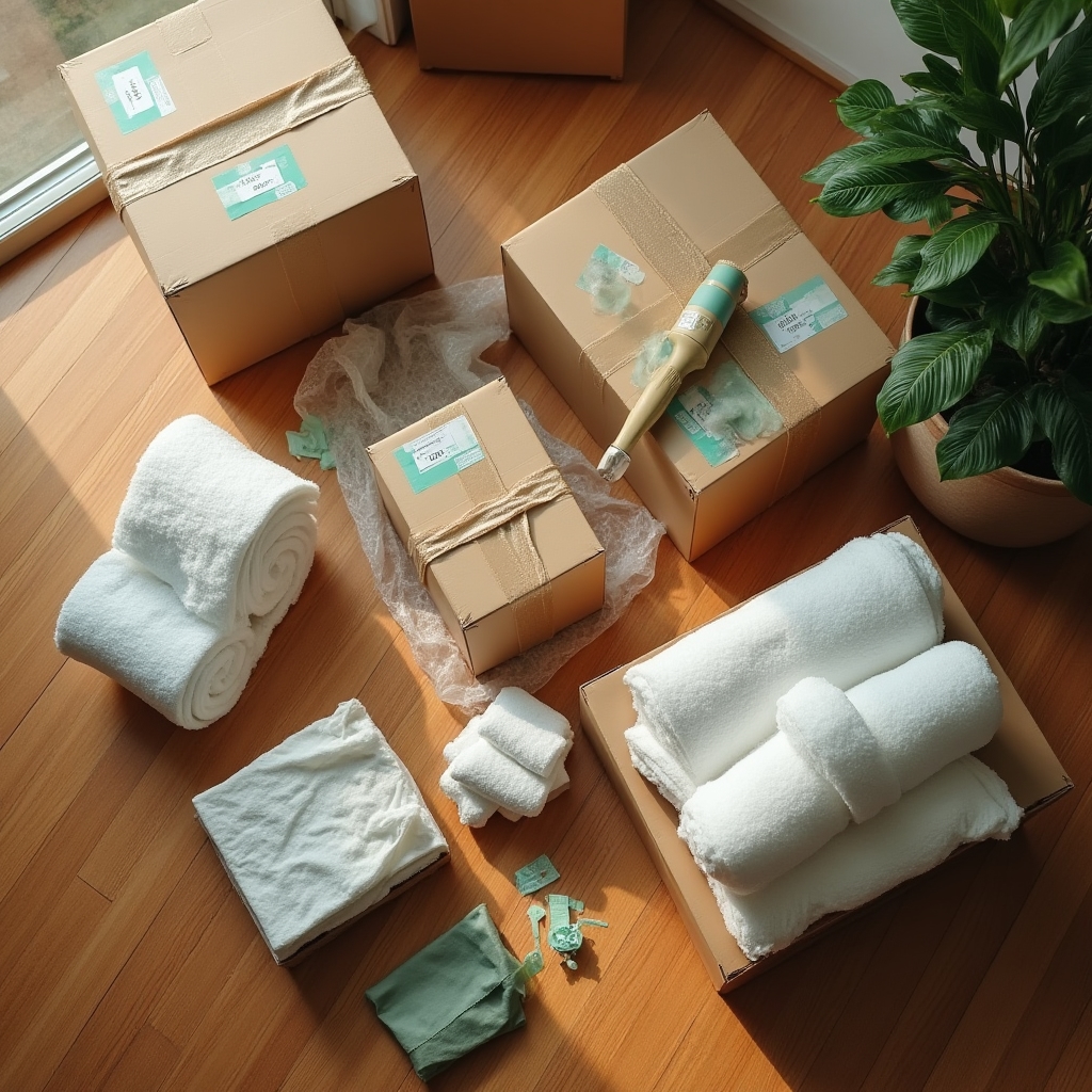 Proceso de embalaje con cajas y materiales protectores